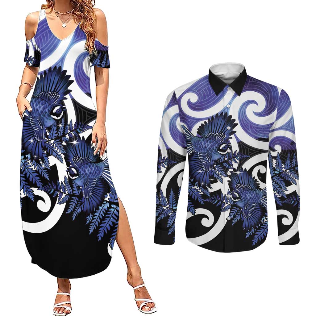 Piwakawaka New Zealand Matariki Couples Matching Summer Maxi Dress and Long Sleeve Button Shirt Maori New Year Silver Fern Purple Galaxy LT14 Purple - Polynesian Pride
