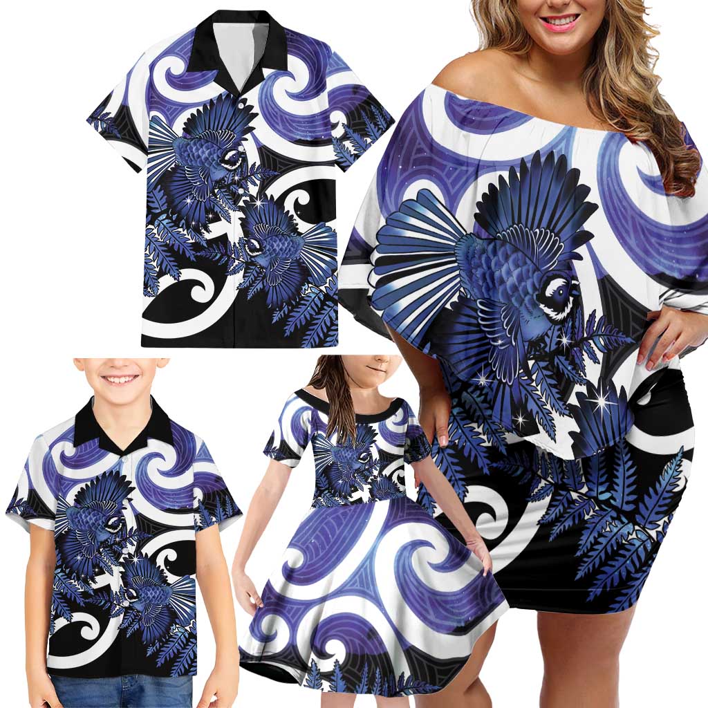 Piwakawaka New Zealand Matariki Family Matching Off Shoulder Short Dress and Hawaiian Shirt Maori New Year Silver Fern Purple Galaxy