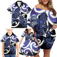 Piwakawaka New Zealand Matariki Family Matching Off Shoulder Short Dress and Hawaiian Shirt Maori New Year Silver Fern Purple Galaxy LT14 - Polynesian Pride