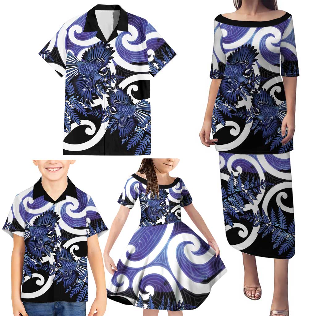 Piwakawaka New Zealand Matariki Family Matching Puletasi and Hawaiian Shirt Maori New Year Silver Fern Purple Galaxy LT14 - Polynesian Pride