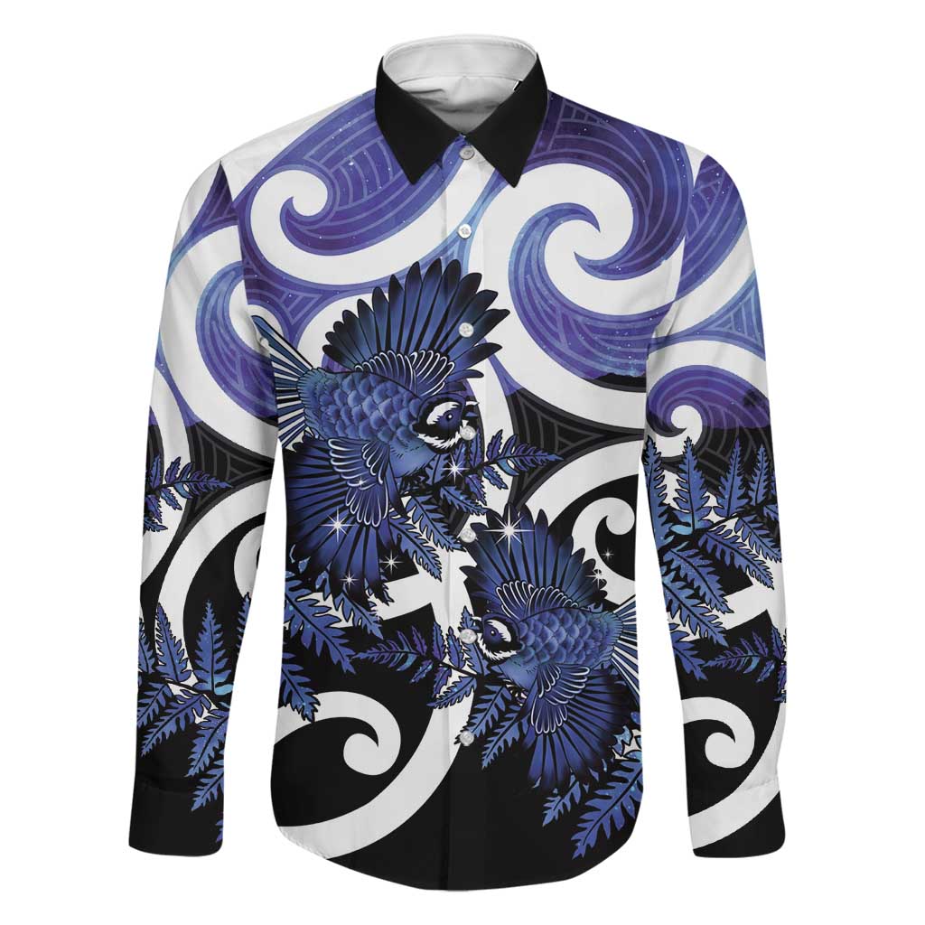 Piwakawaka New Zealand Matariki Family Matching Puletasi and Hawaiian Shirt Maori New Year Silver Fern Purple Galaxy LT14 Dad's Shirt - Long Sleeve Purple - Polynesian Pride