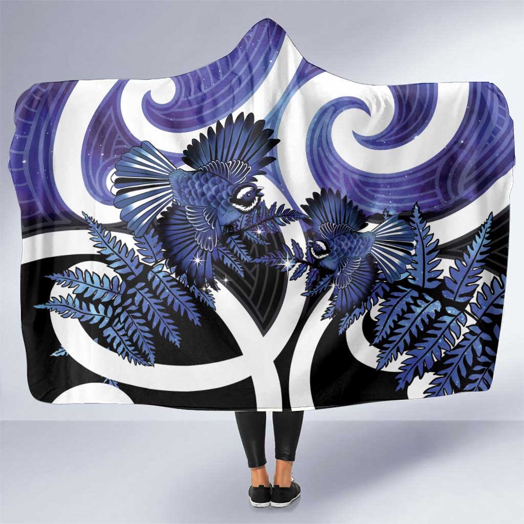 Piwakawaka New Zealand Matariki Hooded Blanket Maori New Year Silver Fern Purple Galaxy