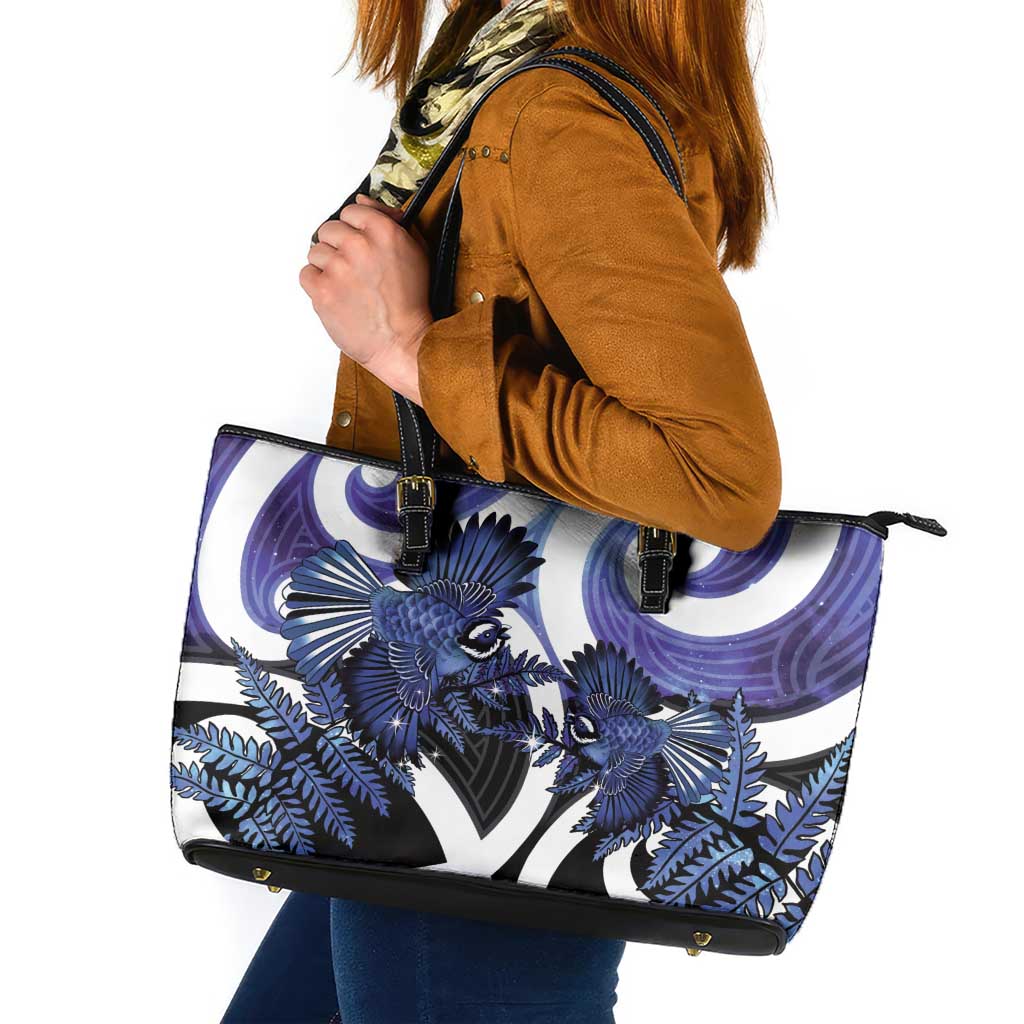 Piwakawaka New Zealand Matariki Leather Tote Bag Maori New Year Silver Fern Purple Galaxy