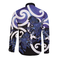 Piwakawaka New Zealand Matariki Long Sleeve Button Shirt Maori New Year Silver Fern Purple Galaxy