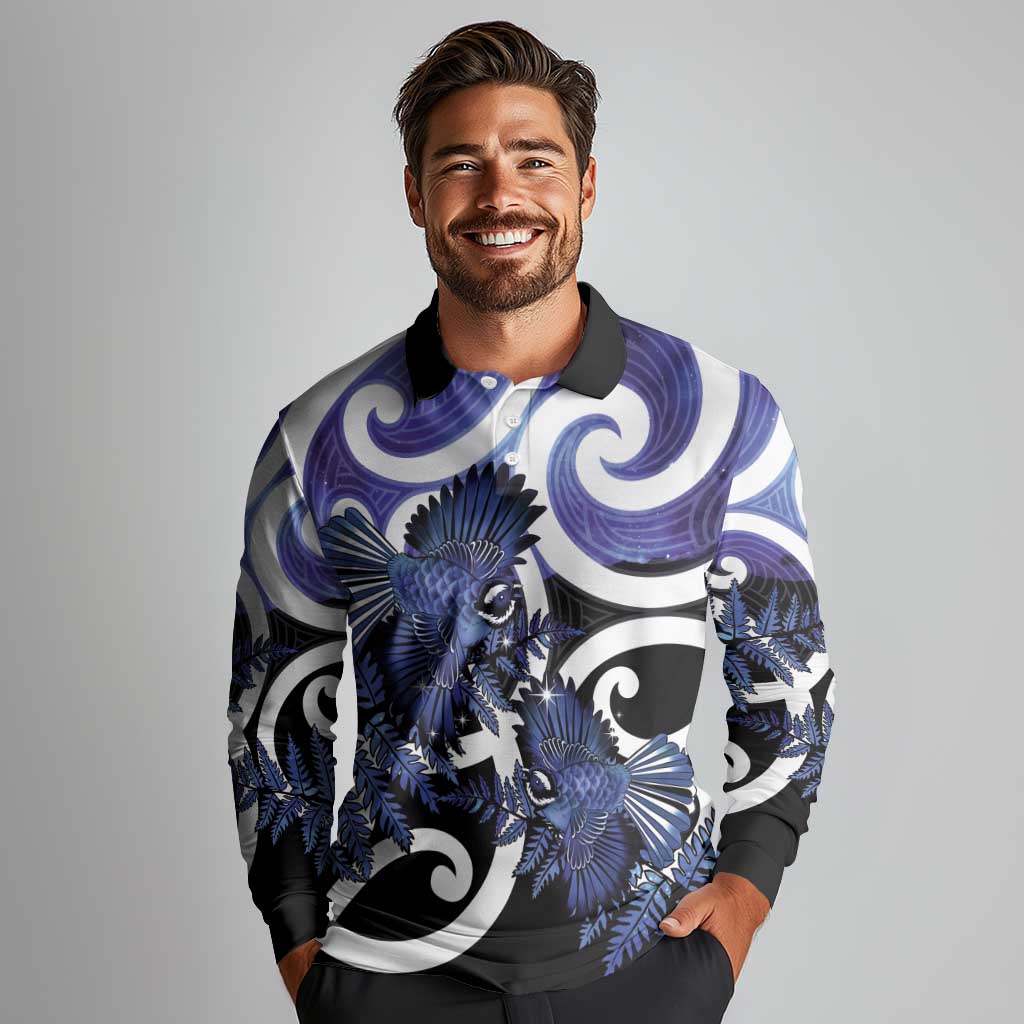 Piwakawaka New Zealand Matariki Long Sleeve Polo Shirt Maori New Year Silver Fern Purple Galaxy LT14 - Polynesian Pride