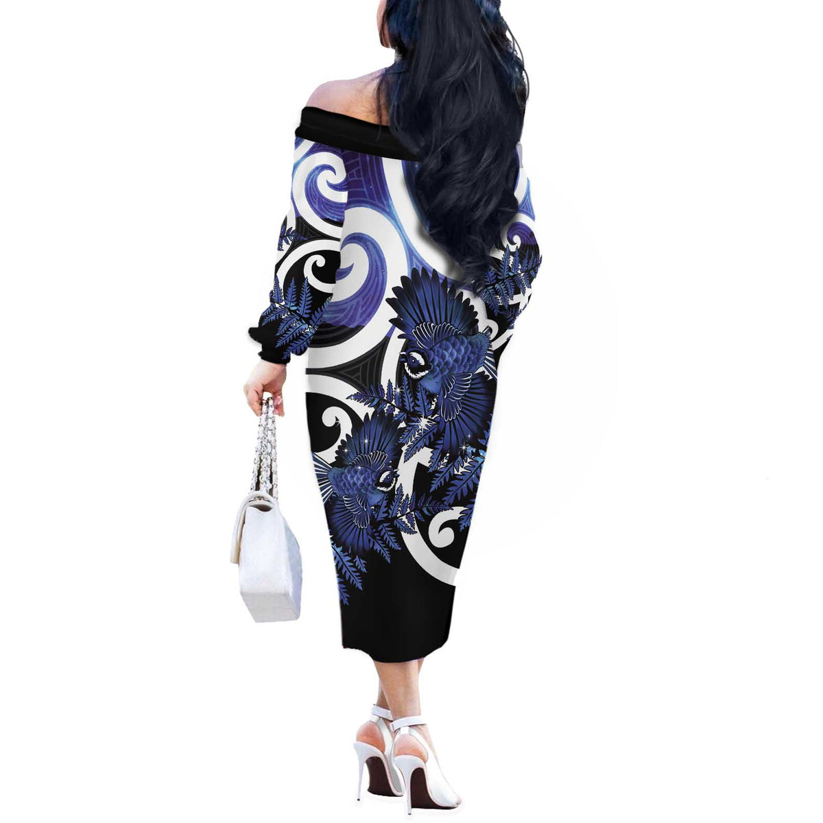 Piwakawaka New Zealand Matariki Off The Shoulder Long Sleeve Dress Maori New Year Silver Fern Purple Galaxy LT14 - Polynesian Pride