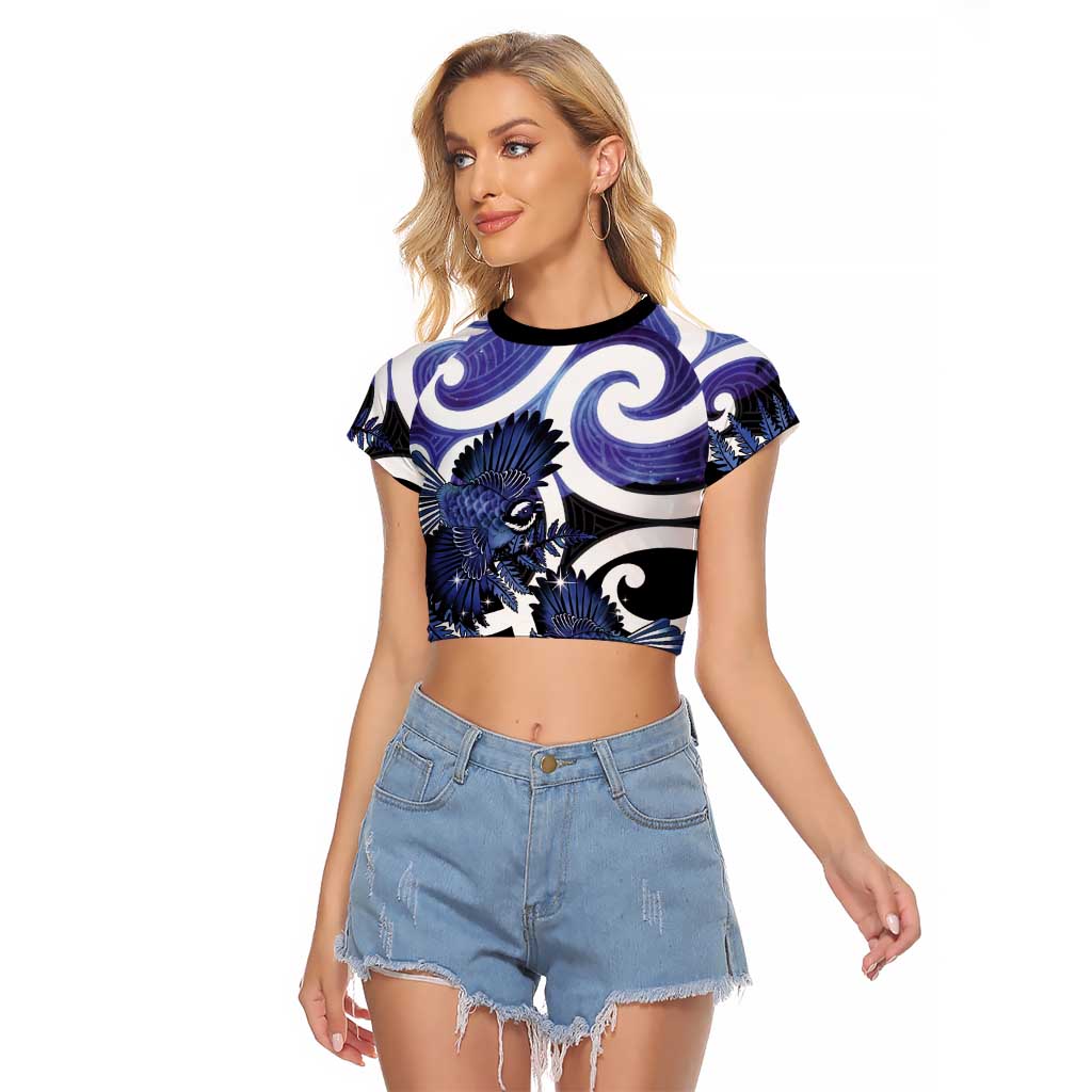 Piwakawaka New Zealand Matariki Raglan Cropped T Shirt Maori New Year Silver Fern Purple Galaxy