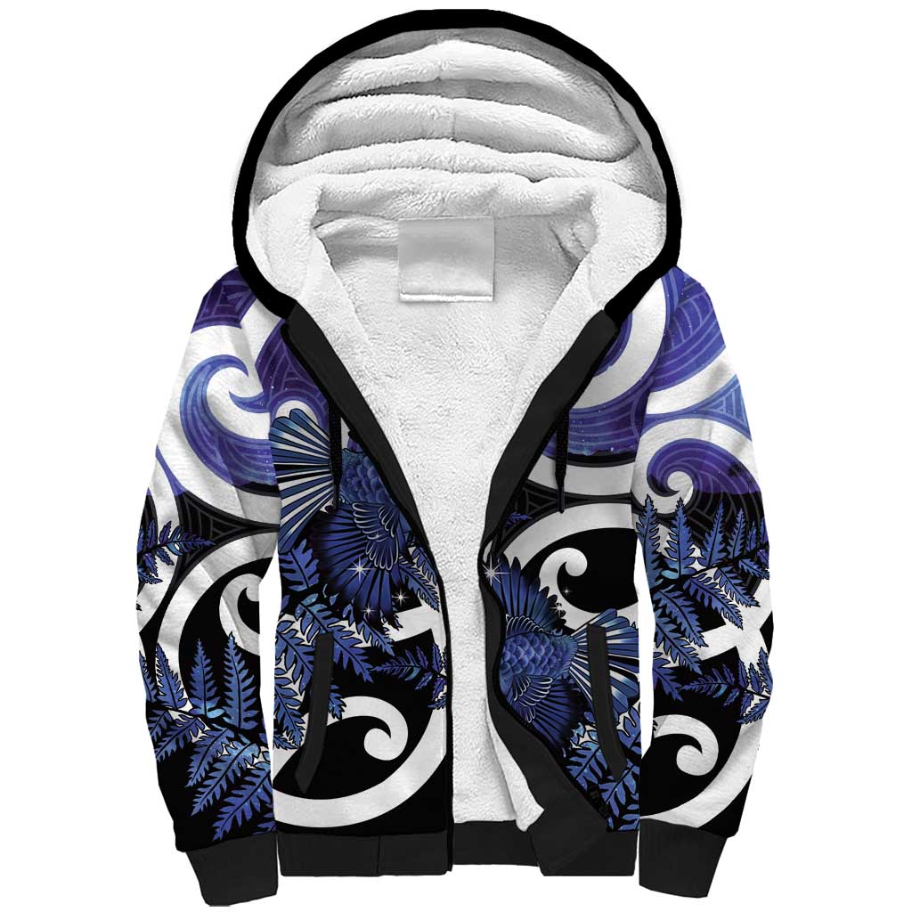Piwakawaka New Zealand Matariki Sherpa Hoodie Maori New Year Silver Fern Purple Galaxy