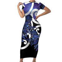 Piwakawaka New Zealand Matariki Short Sleeve Bodycon Dress Maori New Year Silver Fern Purple Galaxy LT14 Long Dress Purple - Polynesian Pride