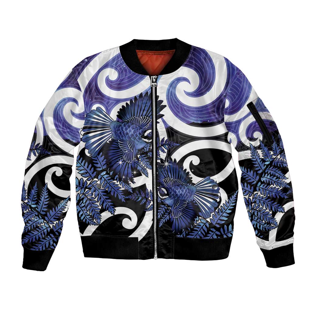 Piwakawaka New Zealand Matariki Sleeve Zip Bomber Jacket Maori New Year Silver Fern Purple Galaxy LT14 Unisex Purple - Polynesian Pride