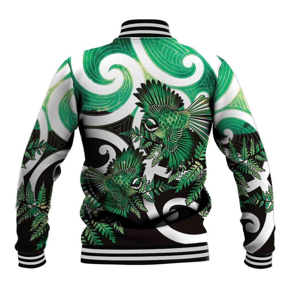 Piwakawaka New Zealand Matariki Baseball Jacket Maori New Year Silver Fern Green Galaxy