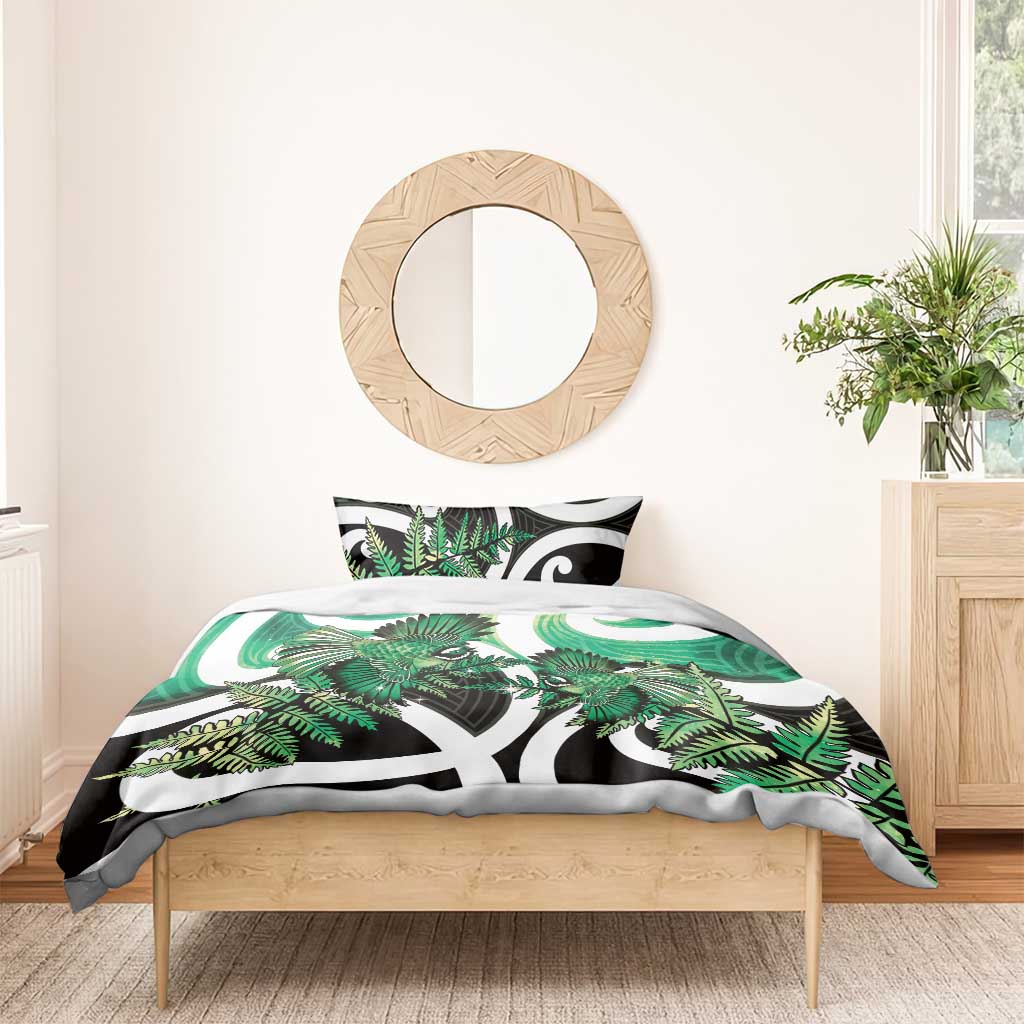 Piwakawaka New Zealand Matariki Bedding Set Maori New Year Silver Fern Green Galaxy
