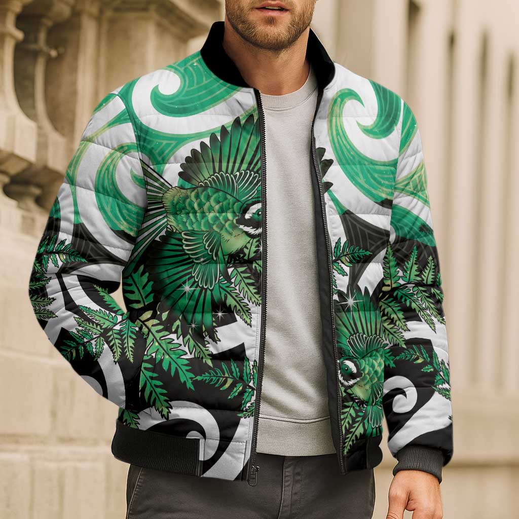 Piwakawaka New Zealand Matariki Bomber Puffer Jacket Maori New Year Silver Fern Green Galaxy