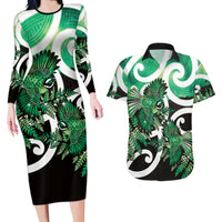 Piwakawaka New Zealand Matariki Couples Matching Long Sleeve Bodycon Dress and Hawaiian Shirt Maori New Year Silver Fern Green Galaxy LT14 Green - Polynesian Pride