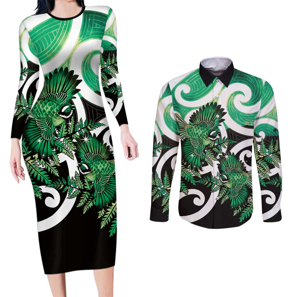 Piwakawaka New Zealand Matariki Couples Matching Long Sleeve Bodycon Dress and Long Sleeve Button Shirt Maori New Year Silver Fern Green Galaxy LT14 Green - Polynesian Pride