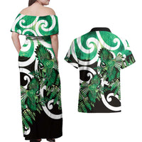 Piwakawaka New Zealand Matariki Couples Matching Off Shoulder Maxi Dress and Hawaiian Shirt Maori New Year Silver Fern Green Galaxy LT14 - Polynesian Pride