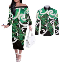 Piwakawaka New Zealand Matariki Couples Matching Off The Shoulder Long Sleeve Dress and Long Sleeve Button Shirt Maori New Year Silver Fern Green Galaxy LT14 Green - Polynesian Pride