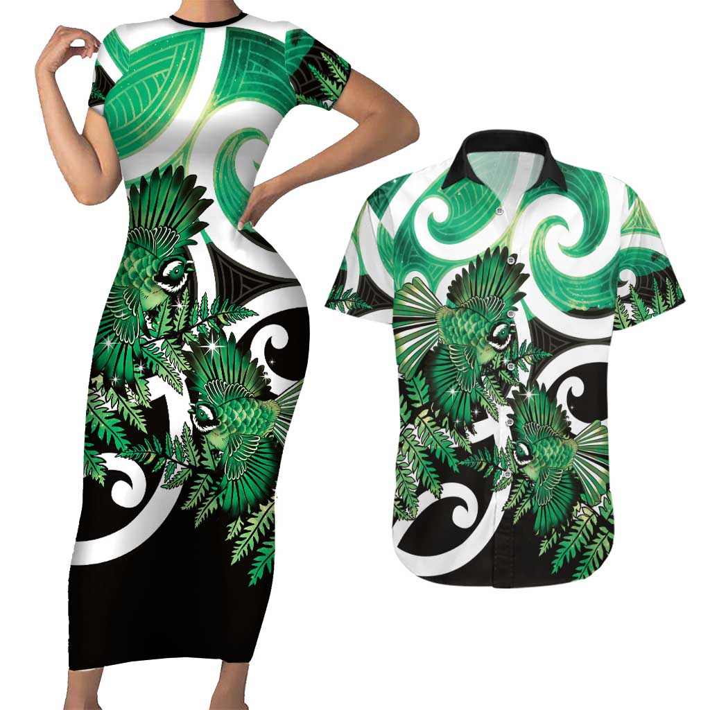 Piwakawaka New Zealand Matariki Couples Matching Short Sleeve Bodycon Dress and Hawaiian Shirt Maori New Year Silver Fern Green Galaxy LT14 Green - Polynesian Pride