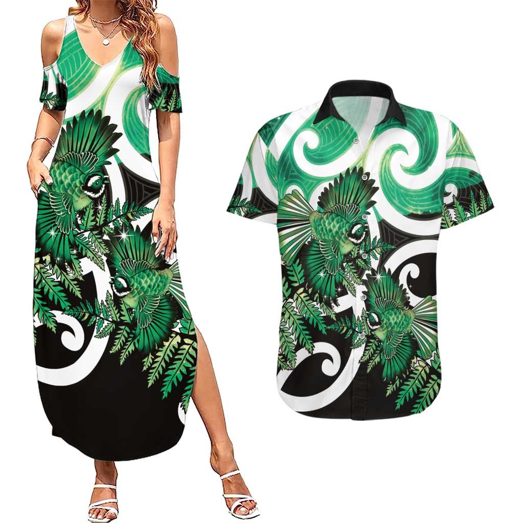 Piwakawaka New Zealand Matariki Couples Matching Summer Maxi Dress and Hawaiian Shirt Maori New Year Silver Fern Green Galaxy LT14 Green - Polynesian Pride