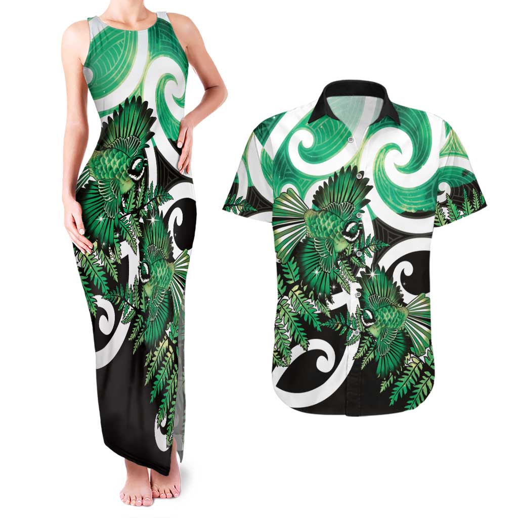 Piwakawaka New Zealand Matariki Couples Matching Tank Maxi Dress and Hawaiian Shirt Maori New Year Silver Fern Green Galaxy