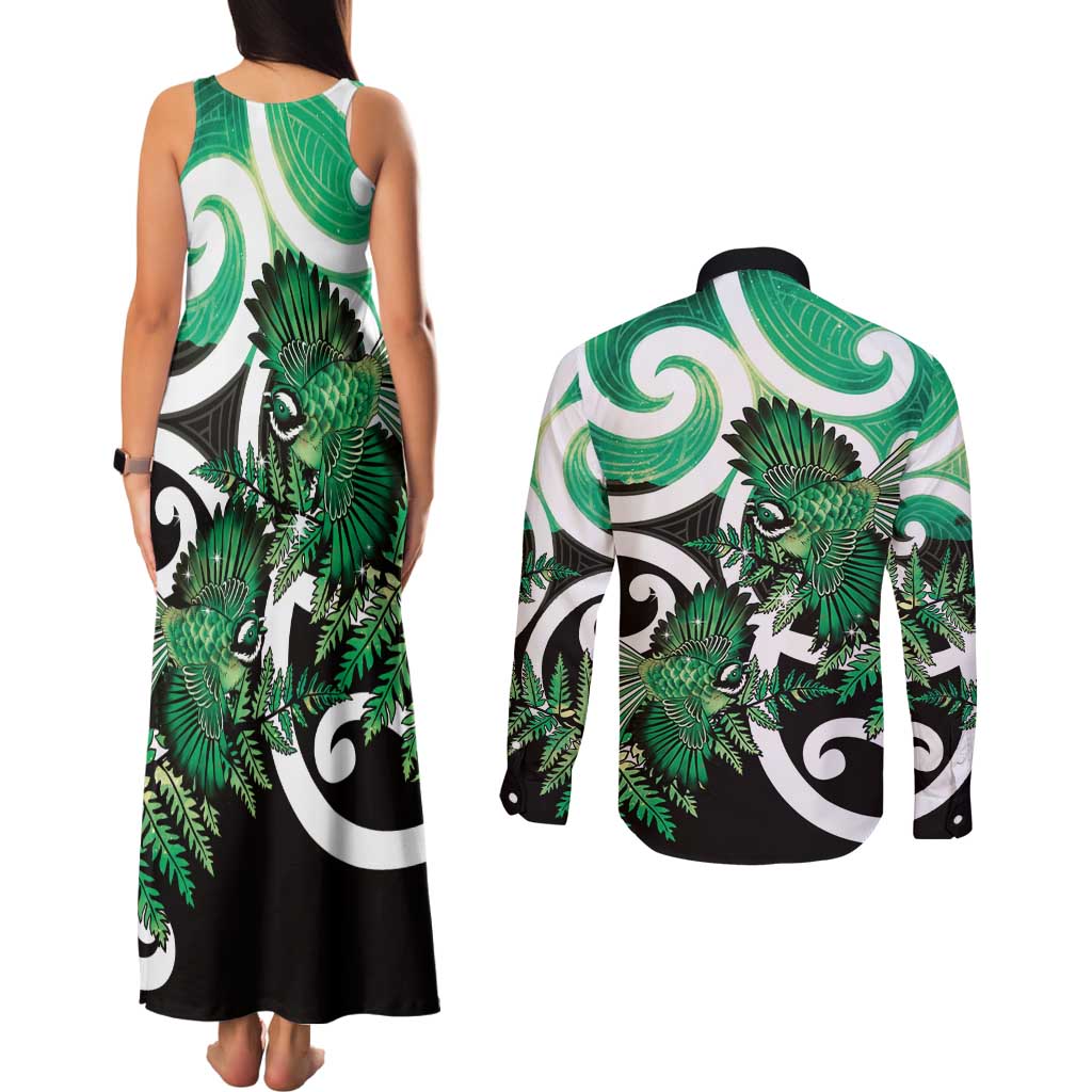 Piwakawaka New Zealand Matariki Couples Matching Tank Maxi Dress and Long Sleeve Button Shirt Maori New Year Silver Fern Green Galaxy LT14 - Polynesian Pride