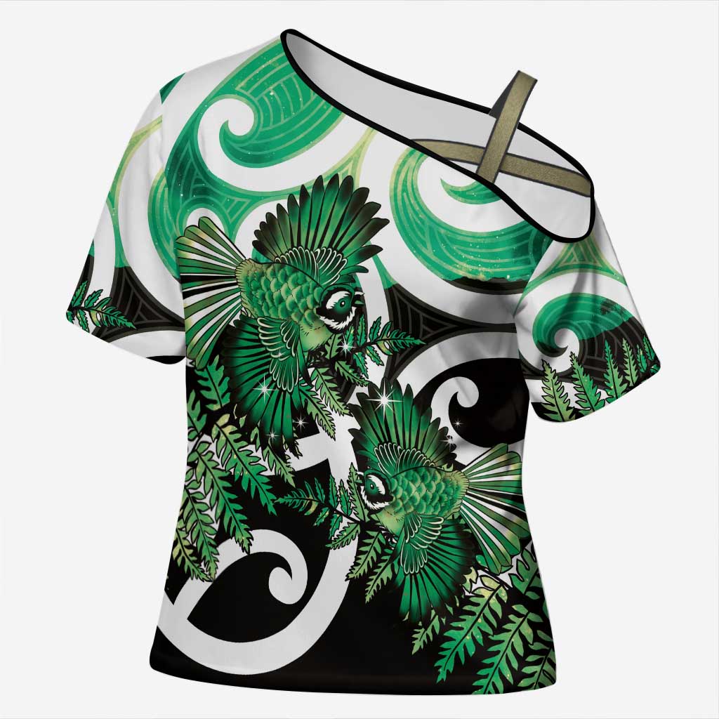 Piwakawaka New Zealand Matariki Cross Shoulder Shirt Maori New Year Silver Fern Green Galaxy LT14 Female Green - Polynesian Pride