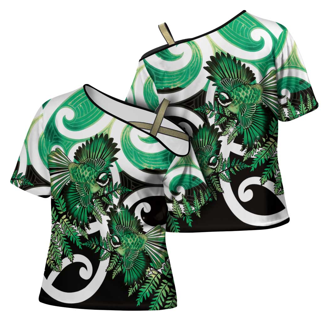 Piwakawaka New Zealand Matariki Cross Shoulder Shirt Maori New Year Silver Fern Green Galaxy LT14 - Polynesian Pride