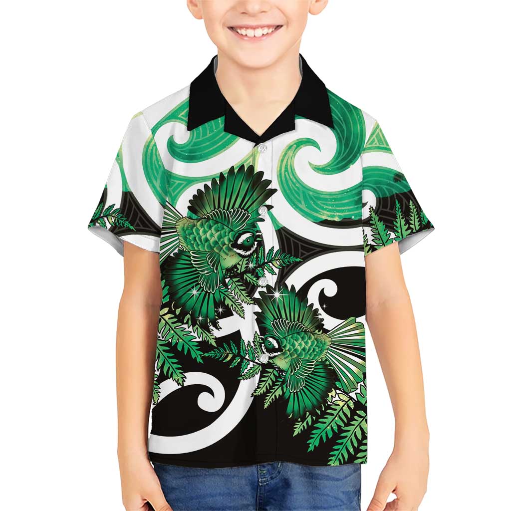 Piwakawaka New Zealand Matariki Family Matching Mermaid Dress and Hawaiian Shirt Maori New Year Silver Fern Green Galaxy LT14 Son's Shirt Green - Polynesian Pride