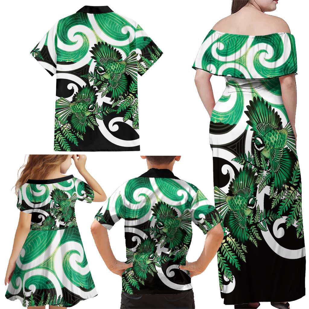 Piwakawaka New Zealand Matariki Family Matching Off Shoulder Maxi Dress and Hawaiian Shirt Maori New Year Silver Fern Green Galaxy LT14 - Polynesian Pride