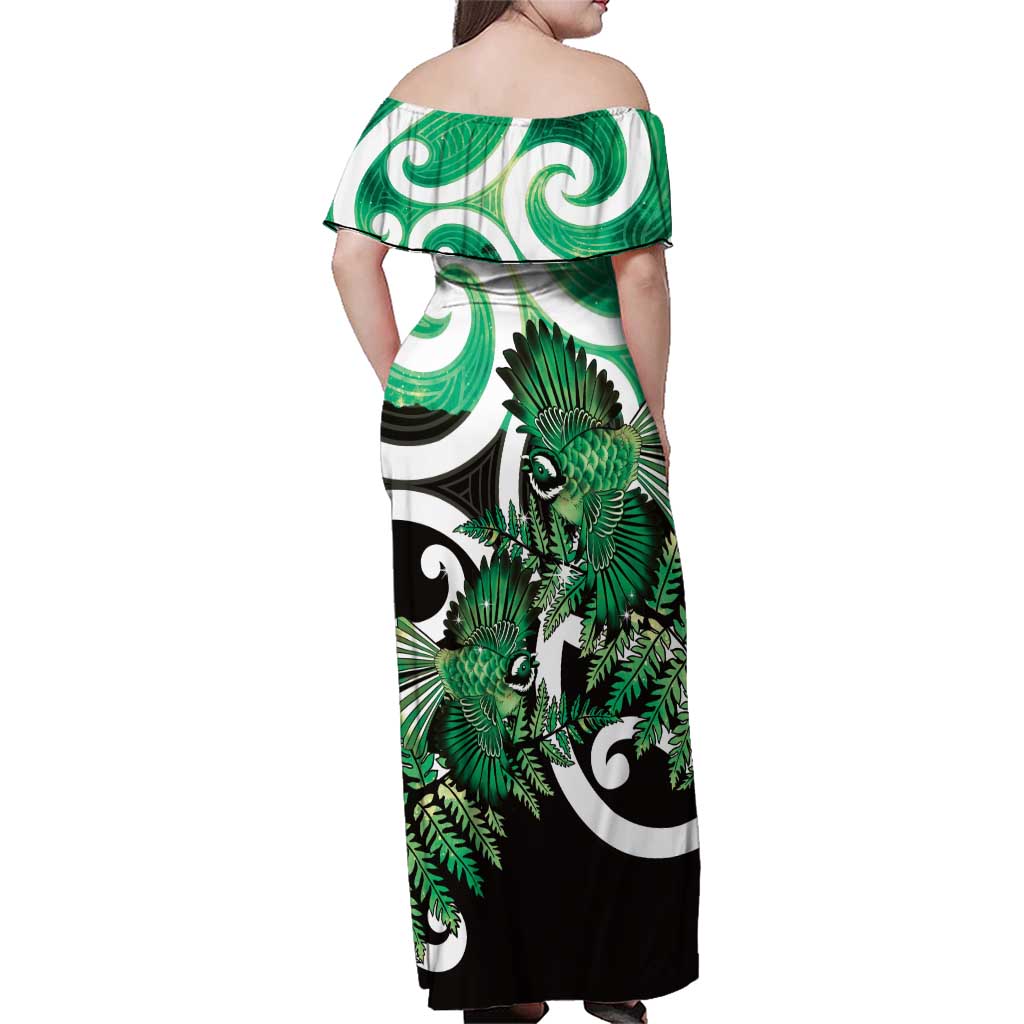 Piwakawaka New Zealand Matariki Family Matching Off Shoulder Maxi Dress and Hawaiian Shirt Maori New Year Silver Fern Green Galaxy LT14 - Polynesian Pride