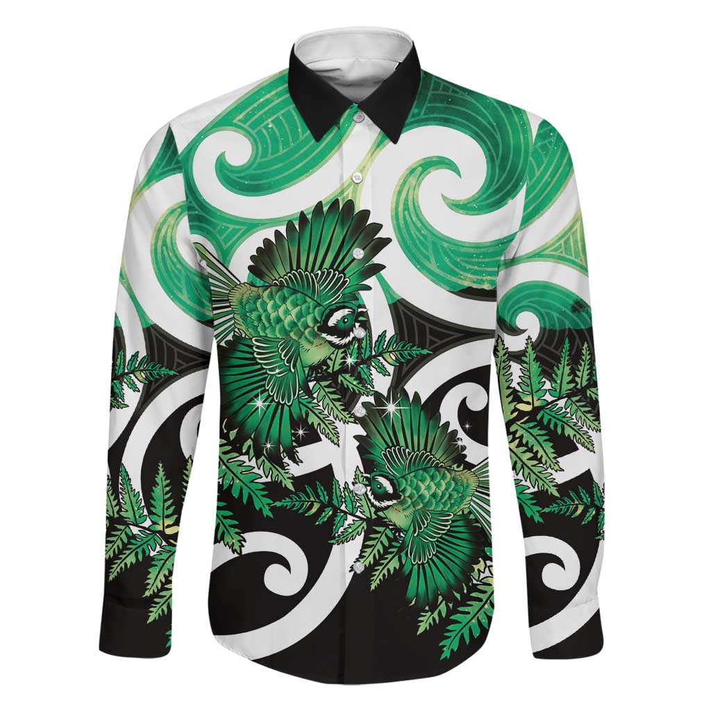 Piwakawaka New Zealand Matariki Family Matching Short Sleeve Bodycon Dress and Hawaiian Shirt Maori New Year Silver Fern Green Galaxy LT14 Dad's Shirt - Long Sleeve Green - Polynesian Pride