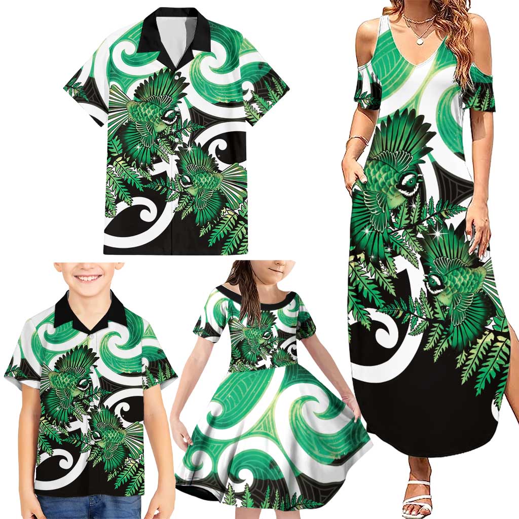 Piwakawaka New Zealand Matariki Family Matching Summer Maxi Dress and Hawaiian Shirt Maori New Year Silver Fern Green Galaxy