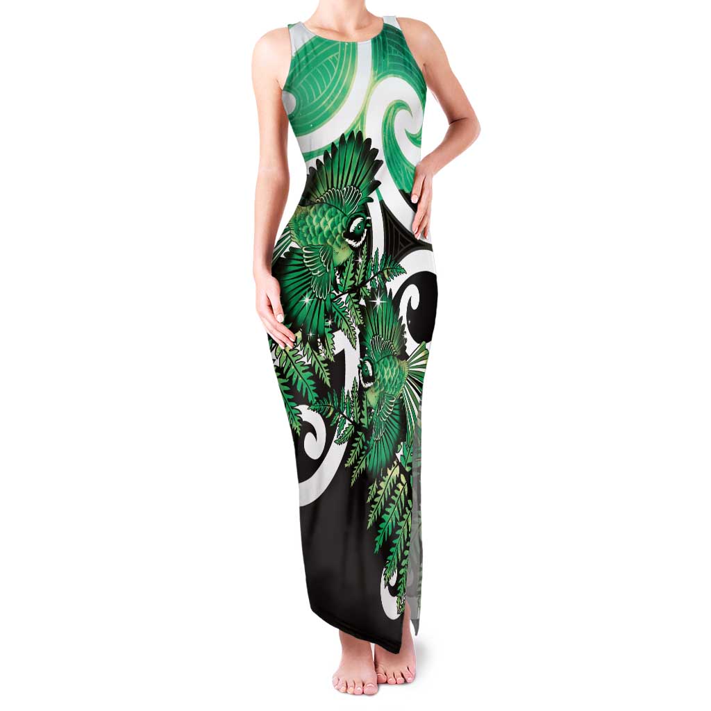 Piwakawaka New Zealand Matariki Family Matching Tank Maxi Dress and Hawaiian Shirt Maori New Year Silver Fern Green Galaxy LT14 Mom's Dress Green - Polynesian Pride