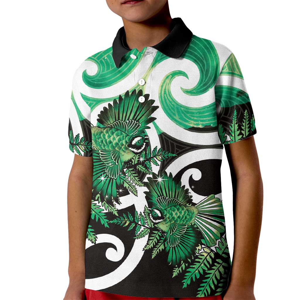 Piwakawaka New Zealand Matariki Kid Polo Shirt Maori New Year Silver Fern Green Galaxy