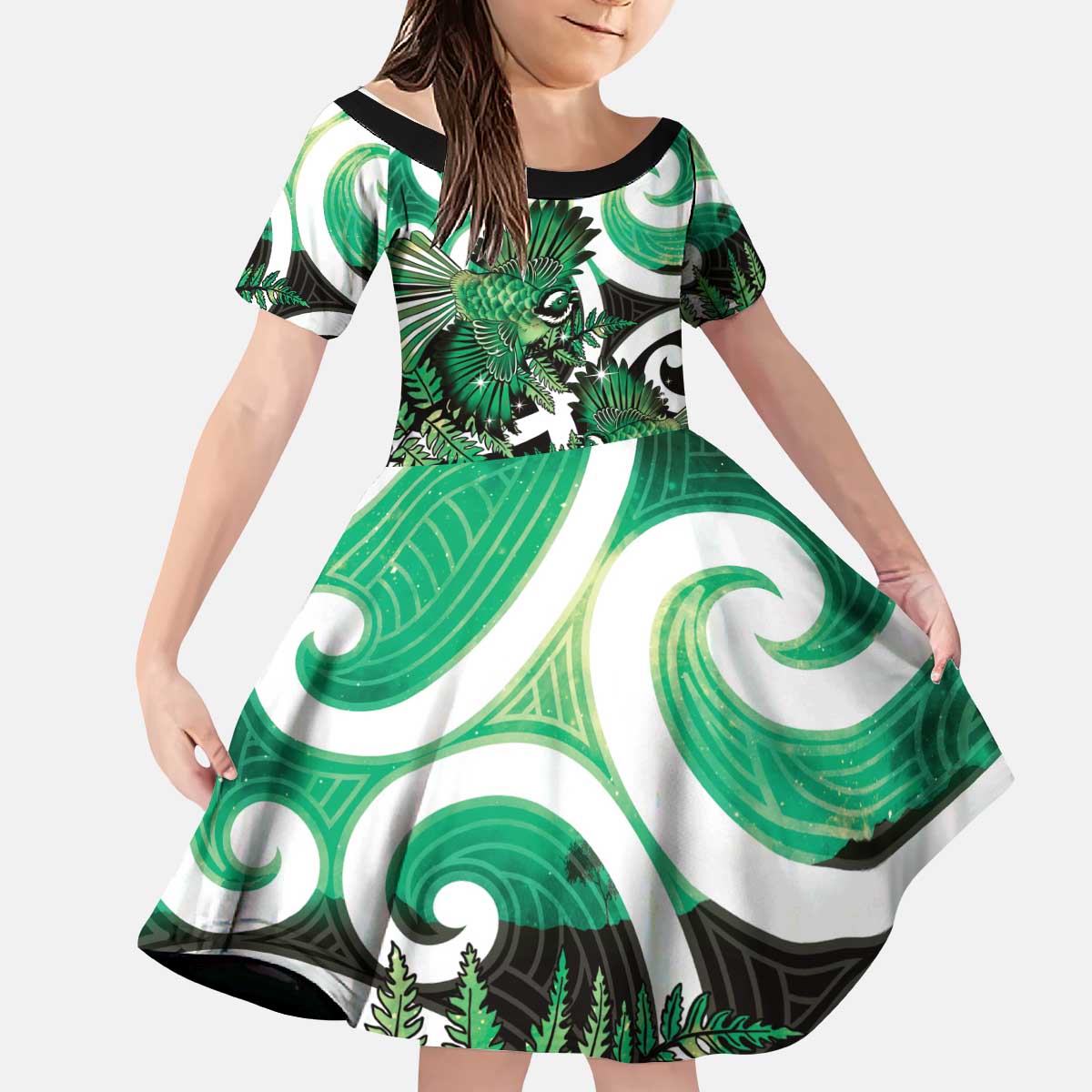 Piwakawaka New Zealand Matariki Kid Short Sleeve Dress Maori New Year Silver Fern Green Galaxy