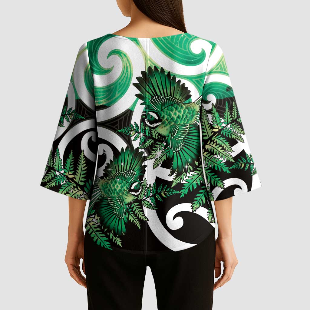 Piwakawaka New Zealand Matariki Kimono Sleeve Blouse Maori New Year Silver Fern Green Galaxy LT14 - Polynesian Pride