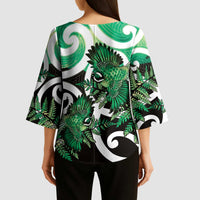 Piwakawaka New Zealand Matariki Kimono Sleeve Blouse Maori New Year Silver Fern Green Galaxy LT14 - Polynesian Pride