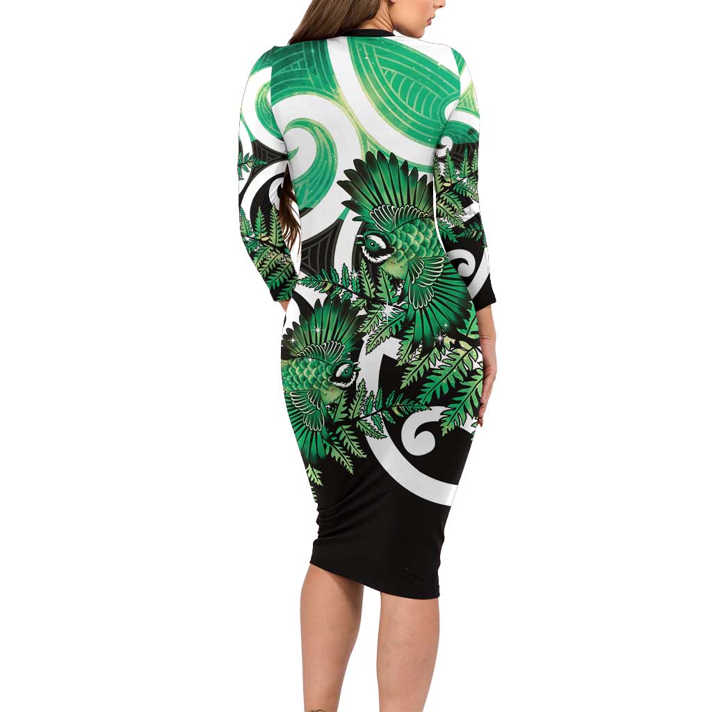 Piwakawaka New Zealand Matariki Long Sleeve Bodycon Dress Maori New Year Silver Fern Green Galaxy