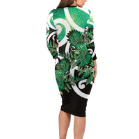 Piwakawaka New Zealand Matariki Long Sleeve Bodycon Dress Maori New Year Silver Fern Green Galaxy