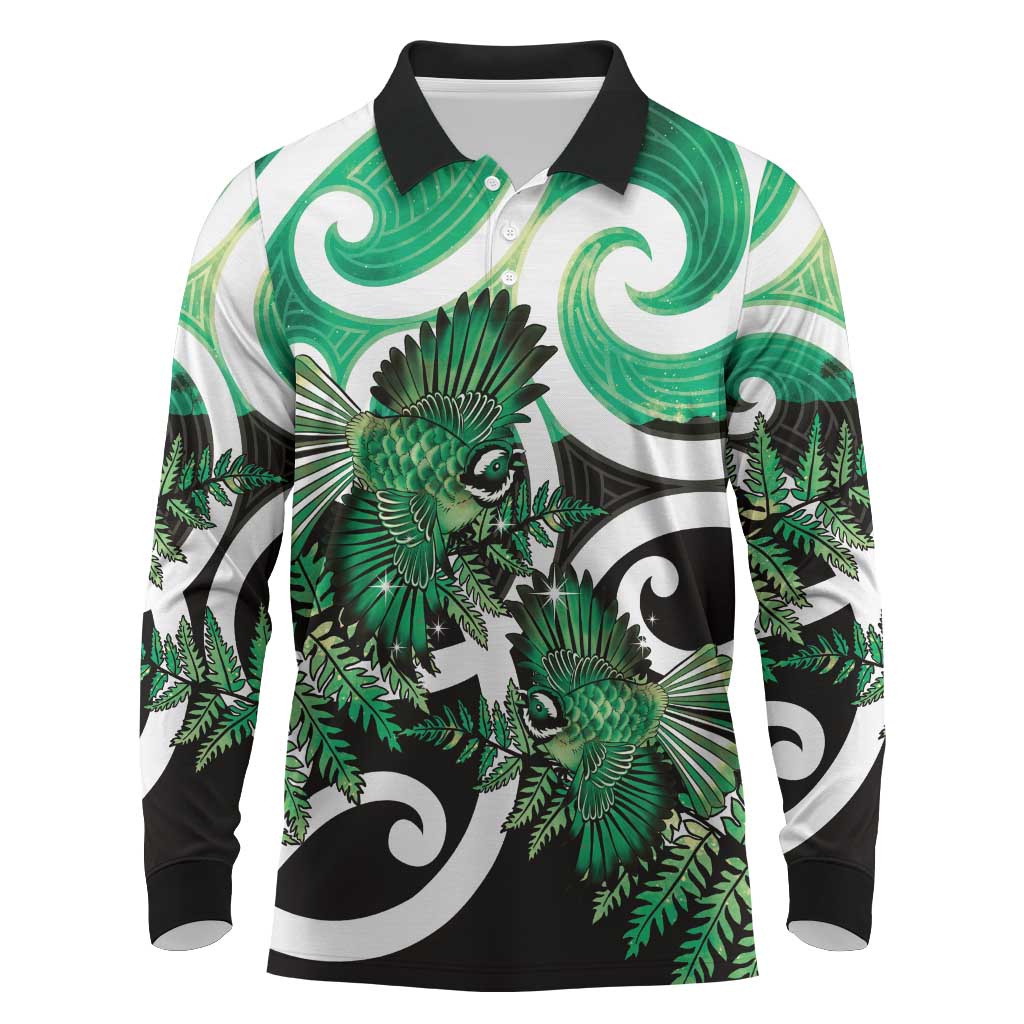 Piwakawaka New Zealand Matariki Long Sleeve Polo Shirt Maori New Year Silver Fern Green Galaxy LT14 Green - Polynesian Pride