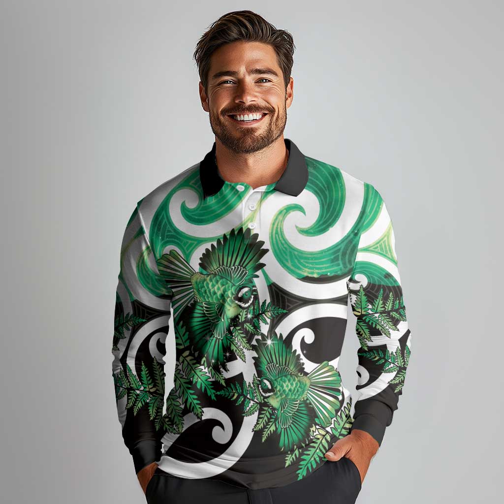 Piwakawaka New Zealand Matariki Long Sleeve Polo Shirt Maori New Year Silver Fern Green Galaxy LT14 - Polynesian Pride