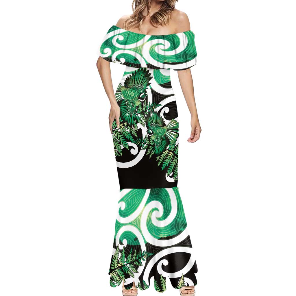 Piwakawaka New Zealand Matariki Mermaid Dress Maori New Year Silver Fern Green Galaxy LT14 - Polynesian Pride