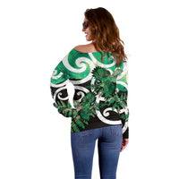 Piwakawaka New Zealand Matariki Off Shoulder Sweater Maori New Year Silver Fern Green Galaxy LT14 - Polynesian Pride