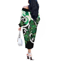 Piwakawaka New Zealand Matariki Off The Shoulder Long Sleeve Dress Maori New Year Silver Fern Green Galaxy LT14 - Polynesian Pride