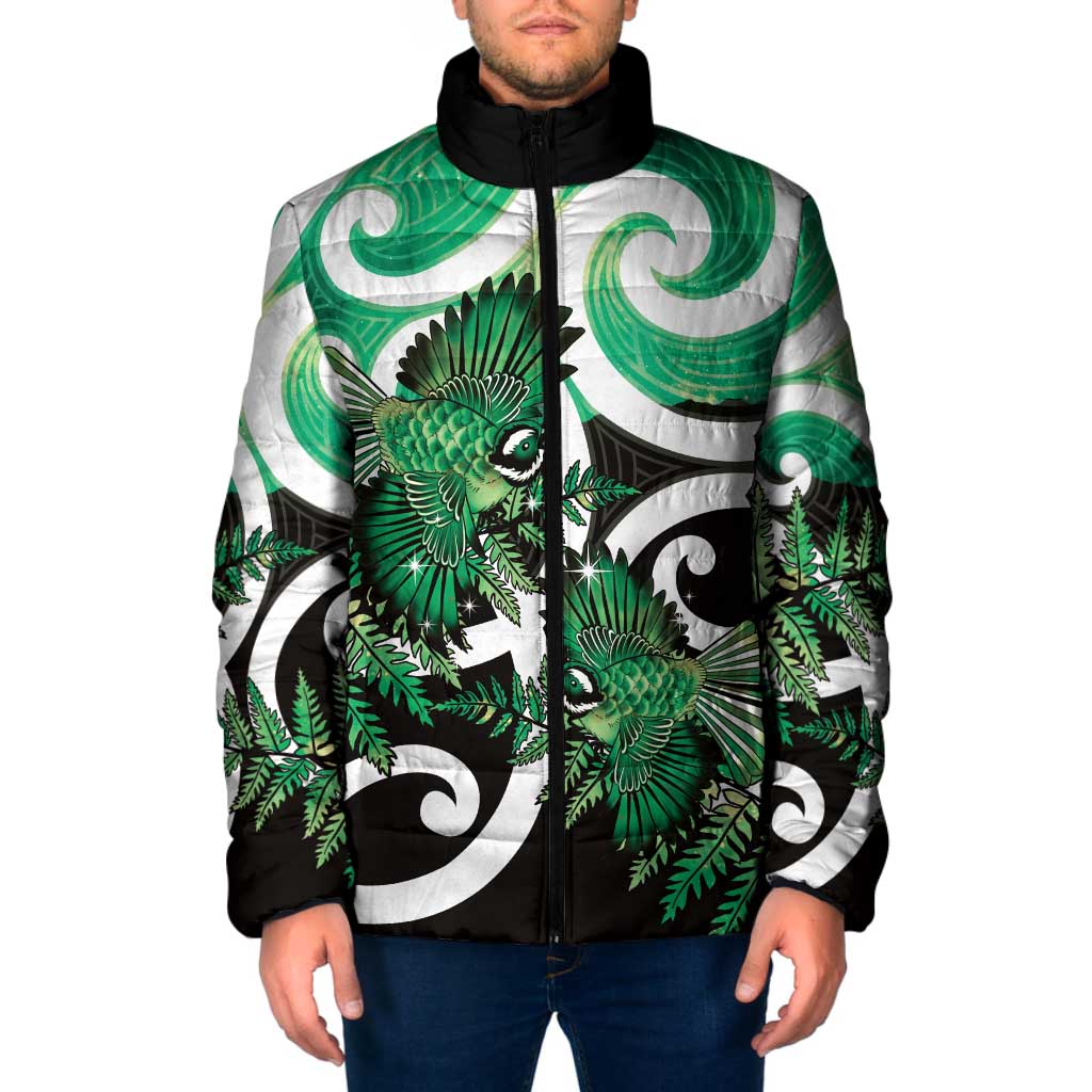 Piwakawaka New Zealand Matariki Padded Jacket Maori New Year Silver Fern Green Galaxy
