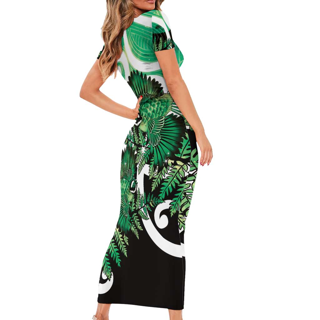Piwakawaka New Zealand Matariki Short Sleeve Bodycon Dress Maori New Year Silver Fern Green Galaxy