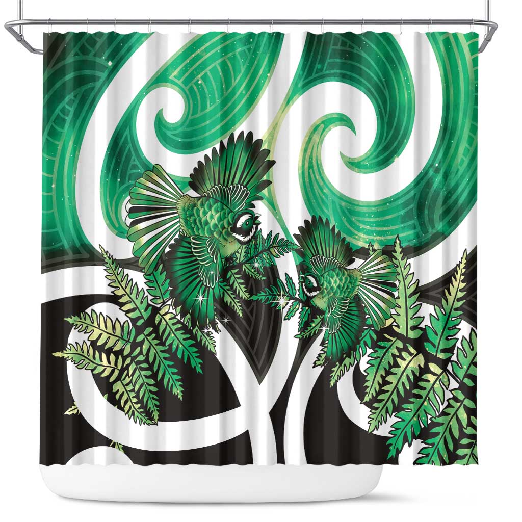 Piwakawaka New Zealand Matariki Shower Curtain Maori New Year Silver Fern Green Galaxy