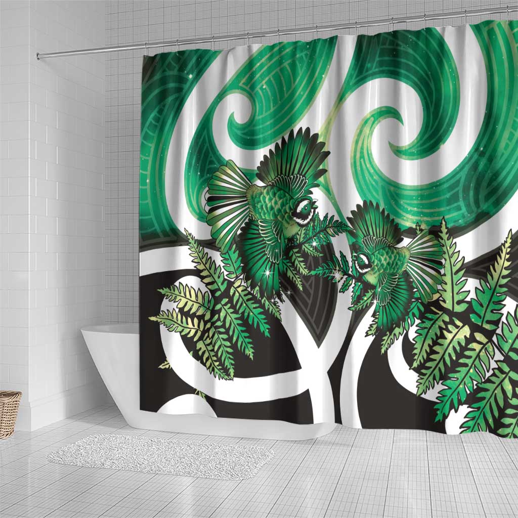 Piwakawaka New Zealand Matariki Shower Curtain Maori New Year Silver Fern Green Galaxy