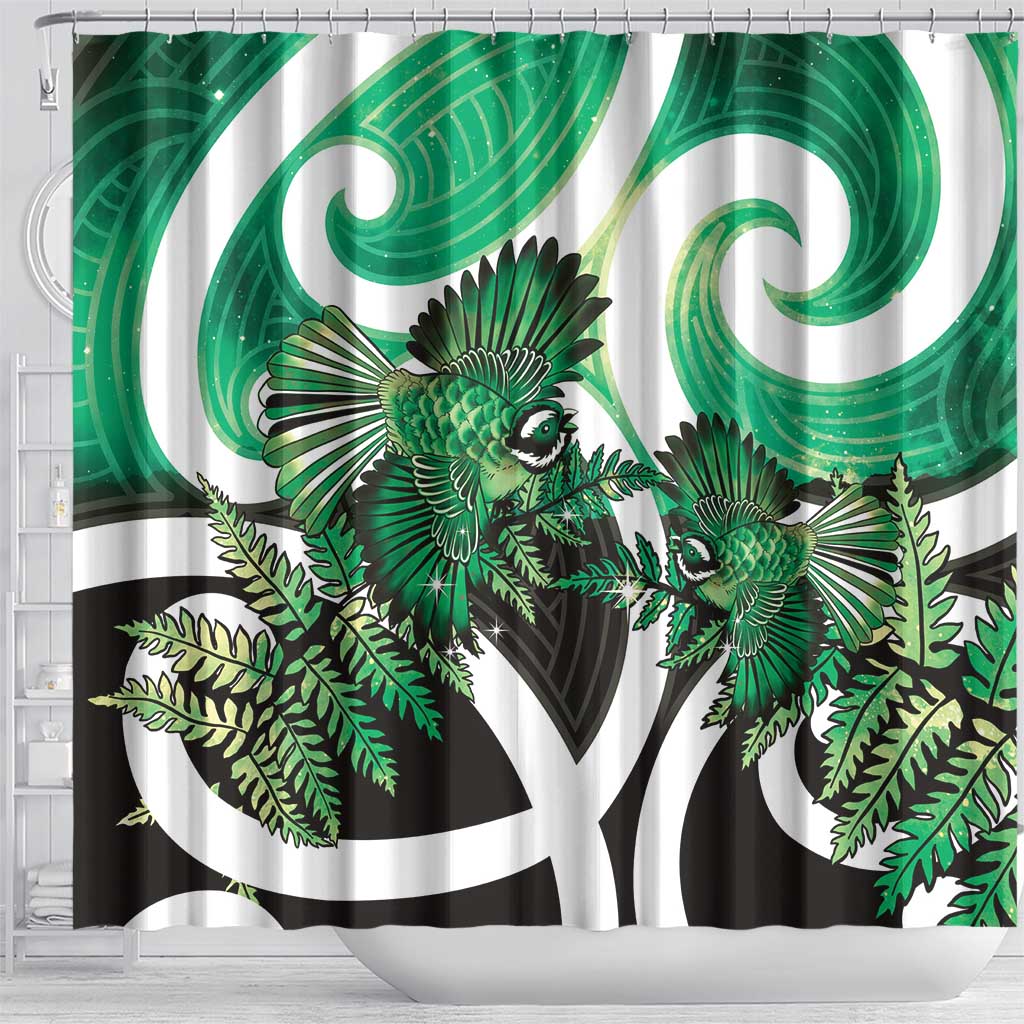 Piwakawaka New Zealand Matariki Shower Curtain Maori New Year Silver Fern Green Galaxy