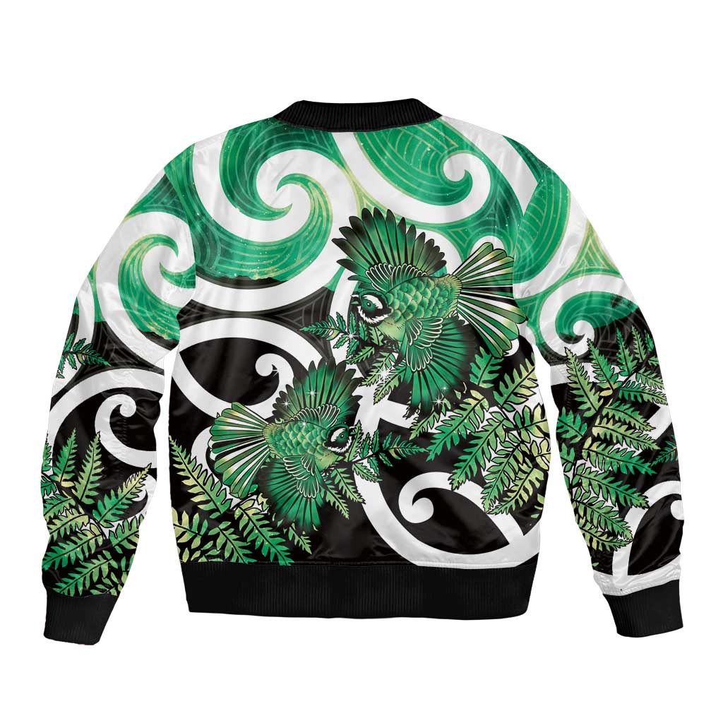 Piwakawaka New Zealand Matariki Sleeve Zip Bomber Jacket Maori New Year Silver Fern Green Galaxy LT14 - Polynesian Pride